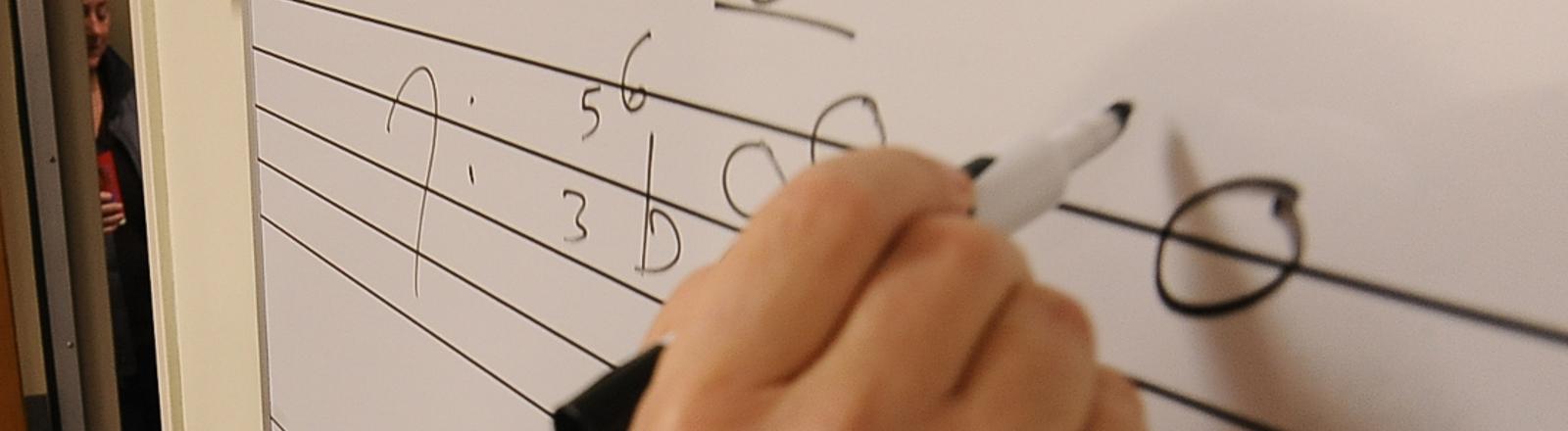 Loyola professor writing notes on a whiteboard in a theory/composition class